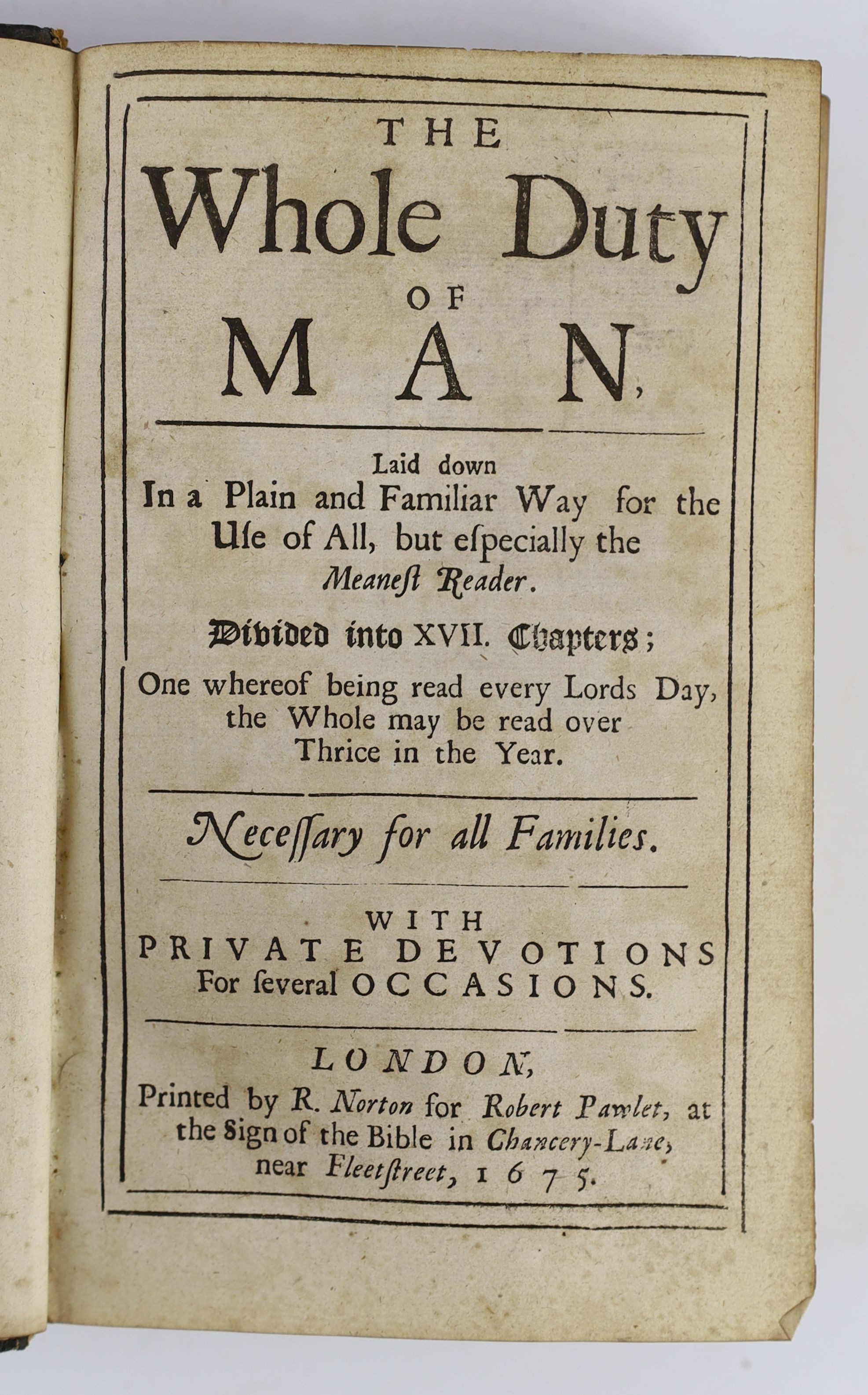 Allstree, Richard - The Whole Duty of Man, 8vo, rebound straight grained black morocco gilt, with engraved Royal Armorials frontis and title, adverts at end, R. Norton for Robert Pawlet, London, 1675 and West, Michael -